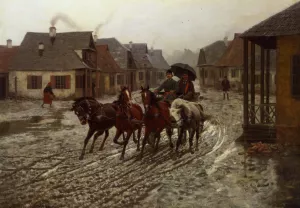 A Journey in the Rain by Alfred Von Kowalski-Wierusz Oil Painting