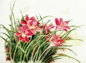Pink Lilies and Butterflies Oil painting by Charles Demuth