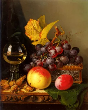 A Still Life of Black Grapes, a Peach, a Plum, Hazelnuts, a Metal Casket and a Wine Glass on a Carved Wooden Ledge by Edward Ladell Oil Painting