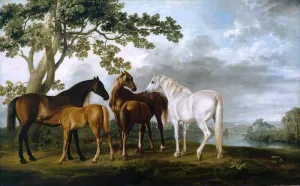 Mares and Foals in a River Landscape by George Stubbs Oil Painting