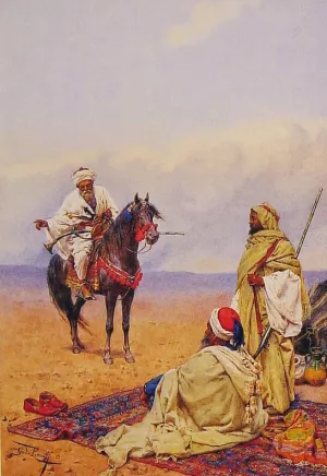 A Horseman Stopping at a Bedouin Camp by Giulio Rosati - Oil Painting Reproduction