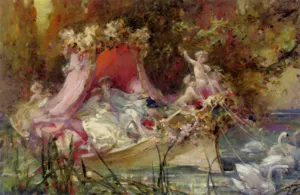 A Lovers Barge Drawn by Swans by Hugh Maynard Brown Oil Painting