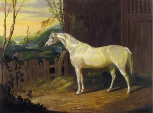 A Gray Arab Mare Outside a Stable in an Extensive River Landscape by John Frederick Herring Sr Oil Painting