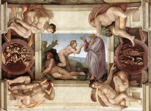 Creation of Eve with Ignudi and Medallions by Michelangelo - Oil Painting Reproduction