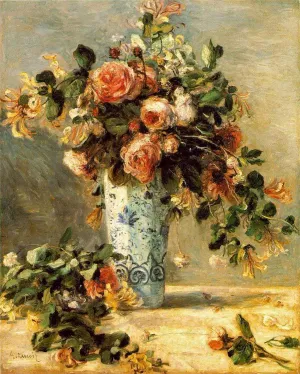 Roses and Jasmine in a Delft Vase by Pierre-Auguste Renoir - Oil Painting Reproduction