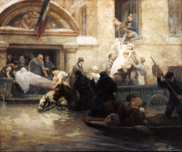 Sauvetage des malades de l'hopital de la charite, durant l'inondation de 1910  by A. Boulanger - Hand-Painted Oil Painting Reproduction