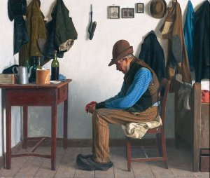 Almueinterior med siddende aeldre herre by A.C. Terslose Oil Painting
