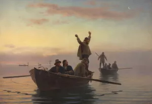 Hornfiskefangst med drivvod. Tidlig morgen Oil painting by A. Dorph