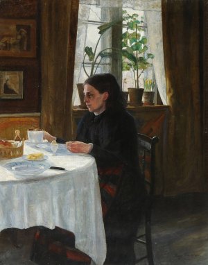Kunstnerens mor, Agnes, siddende ved morgenmaden by Aage Bertelsen Oil Painting