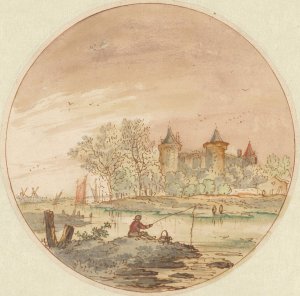 Landschap met een hengelaar en een kasteel by Aarnout Ter Himpel Oil Painting