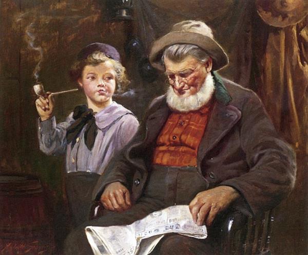 Trying the Pipe by Abbott Fuller Graves - Hand-Painted Oil Painting Reproduction