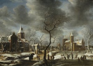 Landscape with ice-skaters by Abraham Beerstraaten Oil Painting