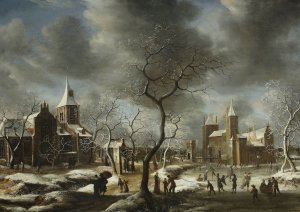 Landscape with ice-skaters by Abraham Beerstraaten Oil Painting