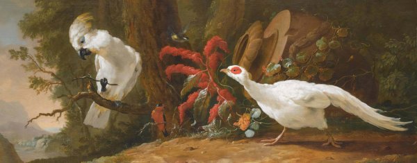 A Sulphur-Crested Cockatoo, A Red-Crested Cardinal And A White Pheasant In A Landscape With A Fallen Urn In The Background by Abraham Bisschop - Hand-Painted Oil Painting Reproduction