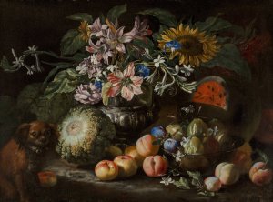 A still life of fruit and flowers in a footed gadrooned silver vase with a spaniel looking on by Abraham Brueghel Oil Painting