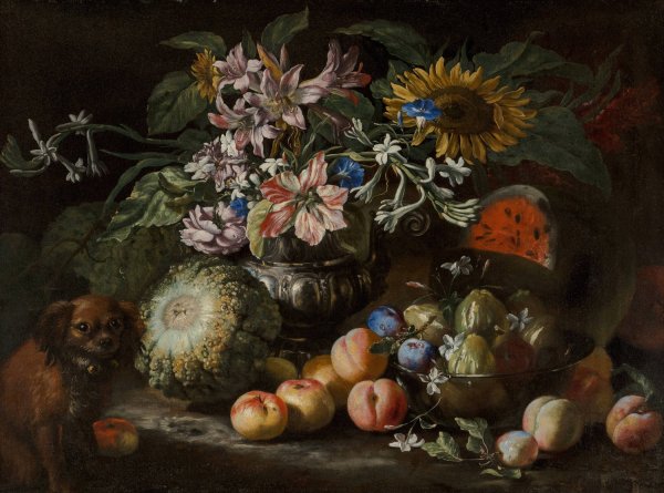 A still life of fruit and flowers in a footed gadrooned silver vase with a spaniel looking on  by Abraham Brueghel - Hand-Painted Oil Painting Reproduction