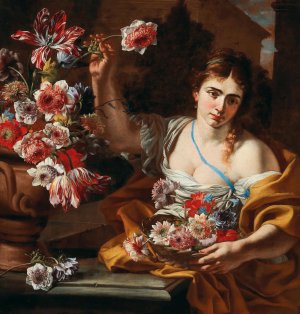 A Young Woman Taking A Flower From A Vase by Abraham Brueghel Oil Painting