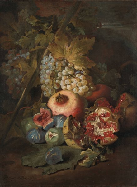 Bunches of Grapes, Pomegranates and Figs in a Landscape  by Abraham Brueghel - Hand-Painted Oil Painting Reproduction
