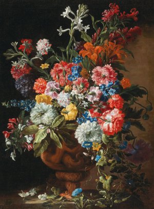 Carnations, lillies, nigellas and other flowers in a decorative terracotta vase on a stone ledge by Abraham Brueghel Oil Painting