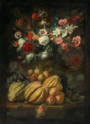 Flowers in a vase and fruit on a table by Abraham Brueghel Oil Painting
