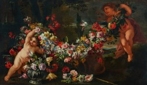 Garlands of flowers with putti in a landscape by Abraham Brueghel Oil Painting