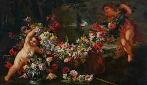 Garlands of flowers with putti in a landscape by Abraham Brueghel Oil Painting