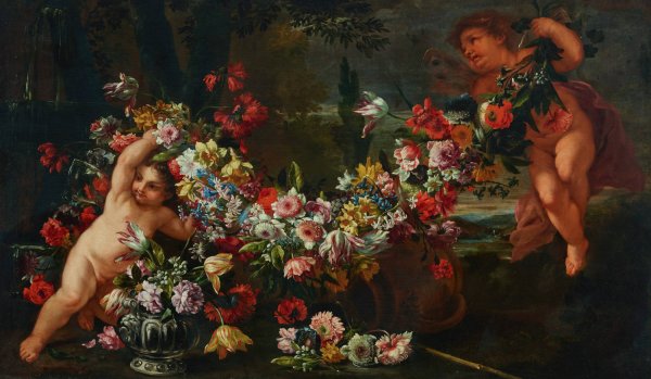 Garlands of flowers with putti in a landscape by Abraham Brueghel - Hand-Painted Oil Painting Reproduction