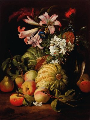 Lilies and other flowers in a glass vase with peaches and melons by Abraham Brueghel Oil Painting