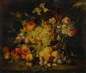 Still life of flowers and fruits, including pomegranates, peaches, and grapes by Abraham Brueghel Oil Painting