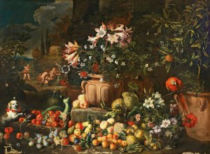 Still life of flowers with fruits, putti and animals by Abraham Brueghel Oil Painting