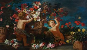 Vases of flowers with putti in a landscape by Abraham Brueghel Oil Painting