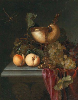 Still life with a Nautilus cup, grapes and peaches by Abraham De Lust Oil Painting