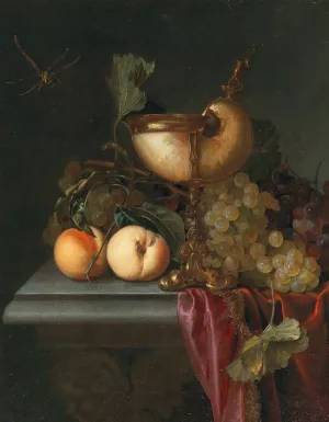Still life with a Nautilus cup, grapes and peaches by Abraham De Lust Oil Painting