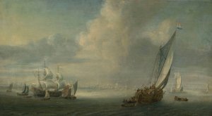 Marine view with a port in the background by Abraham De Verwer Oil Painting