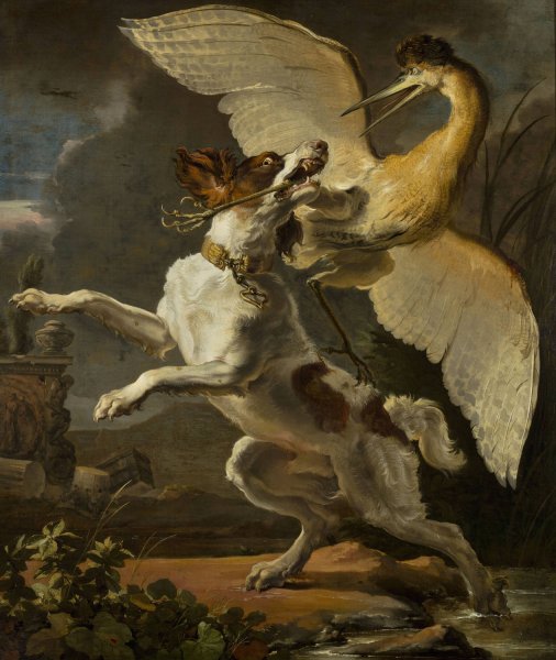 Main Product Photo of Dog fighting a heron  Painting by Abraham Hondius