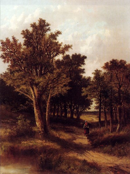 Main Product Photo of Wooded Landscape with a Faggot Gatherer on a Sandy Track Painting by Abraham Hulk Jun