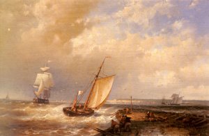 A Dutch Pink Heading Out To Sea, With Shipping Beyond Oil painting by Abraham Hulk Snr