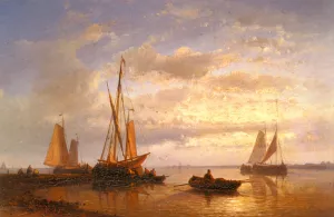 Dutch Fishing Vessels In A Calm At Sunset by Abraham Hulk Snr - Oil Painting Reproduction