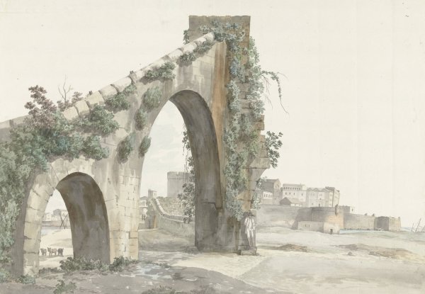 Gezicht op aquaduct en de stad Tarente  by Abraham-Louis-Rodolphe Ducros - Hand-Painted Oil Painting Reproduction