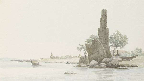 Gezicht op Cap Acurasi en resten van oude toren aan middeleeuwse route tussen Taormina en Catanie  by Abraham-Louis-Rodolphe Ducros - Hand-Painted Oil Painting Reproduction