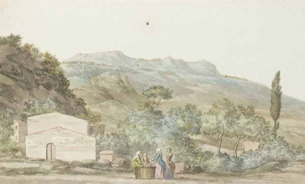 Gezicht op de stad en het theater van Toarmine vanaf balkon van herberg te Giardini  by Abraham-Louis-Rodolphe Ducros - Hand-Painted Oil Painting Reproduction