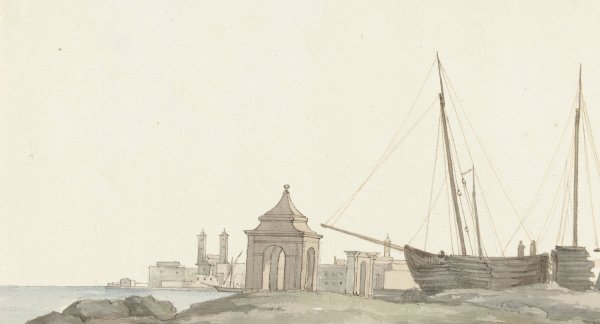 Gezicht op de stad Molfetta aan de kust  by Abraham-Louis-Rodolphe Ducros - Hand-Painted Oil Painting Reproduction