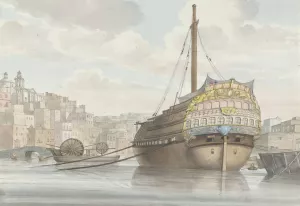 Gezicht op haven met galei schip vlakbij de werf by Abraham-Louis-Rodolphe Ducros Oil Painting