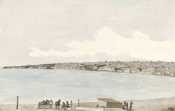 Gezicht op het voorgebergte Pausilype met oude paleis van koningin Jeanne en platteland van Sannazar vanaf het balkon van de herberg  by Abraham-Louis-Rodolphe Ducros - Hand-Painted Oil Painting Reproduction
