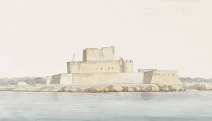 Gezicht op kasteel van San Mauro la Bruca vanaf zee bij aankomst Oil painting by Abraham-Louis-Rodolphe Ducros