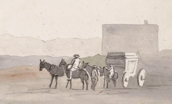 Halteplaats onderweg voor aankomst in Terracina  by Abraham-Louis-Rodolphe Ducros - Hand-Painted Oil Painting Reproduction