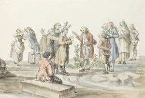 Onderhandeling tussen gids van reisgezelschap en muilezeldrijvers met wie zij naar de Etna gaan Oil painting by Abraham-Louis-Rodolphe Ducros