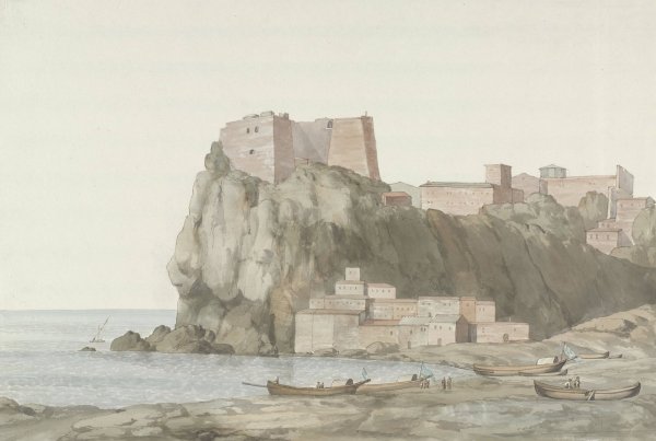 Rots en stad Scilla in de regio Calabrie aan de westkust  by Abraham-Louis-Rodolphe Ducros - Hand-Painted Oil Painting Reproduction