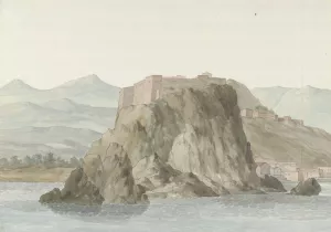 Rots en stad Scilla in de regio Calabrie gezien vanaf zee aan de noordkant Oil painting by Abraham-Louis-Rodolphe Ducros