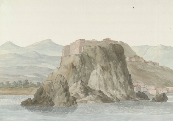 Rots en stad Scilla in de regio Calabrie gezien vanaf zee aan de noordkant  by Abraham-Louis-Rodolphe Ducros - Hand-Painted Oil Painting Reproduction